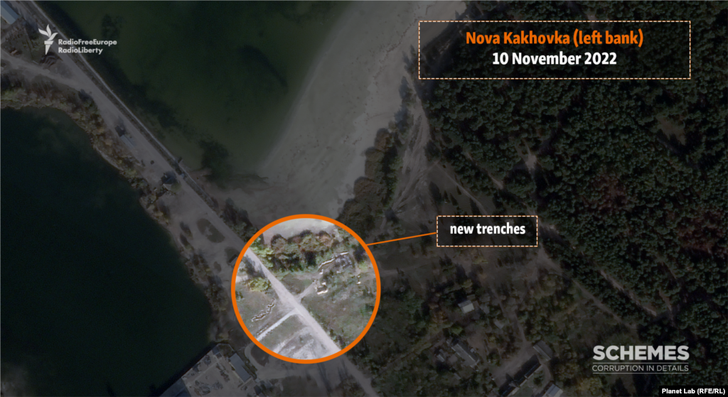 A satellite image taken on November 10 from the same location adjacent to the Nova Kakhovka dam, after Russian forces dug defensive fortifications. A day earlier, Russian Defense Minister Sergei Shoigu and the top Russian commander in charge of the Ukraine war, General Sergei Surovikin, announced a wholesale retreat from the west bank. On November 11, the Russian Defense Ministry announced that the withdrawal was completed, though that could not be immediately verified by RFE/RL. Between 20,000 and 30,000 Russian troops were estimated to have been on the west bank in recent weeks, U.S. General Mark Milley, the chairman of the U.S. Joint Chiefs of Staff, said this week.