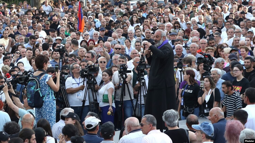 Archbishop Bagrat Galstanian addresses supporters in Yerevan on June 17. 