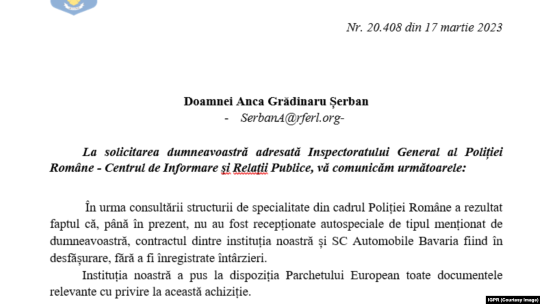 Răspunsul Poliției Naționale pentru Europa Libera privind ancheta Parchetului European referitoare la achiziția de BMW-uri de către Ministerul de Interne pentru Poliția Română.