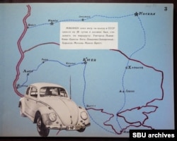 Иллюстрация, показывающая Volkswagen Beetle Макинена и его запланированный маршрут