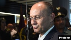 Armenia - Defense Minister Seyran Ohanian talks to reporters, Yerevan, 17Aug2014.