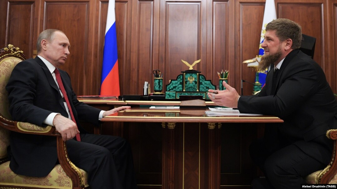 Russian President Vladimir Putin (left) meets with Chechen leader Ramzan Kadyrov at the Kremlin on April 19.