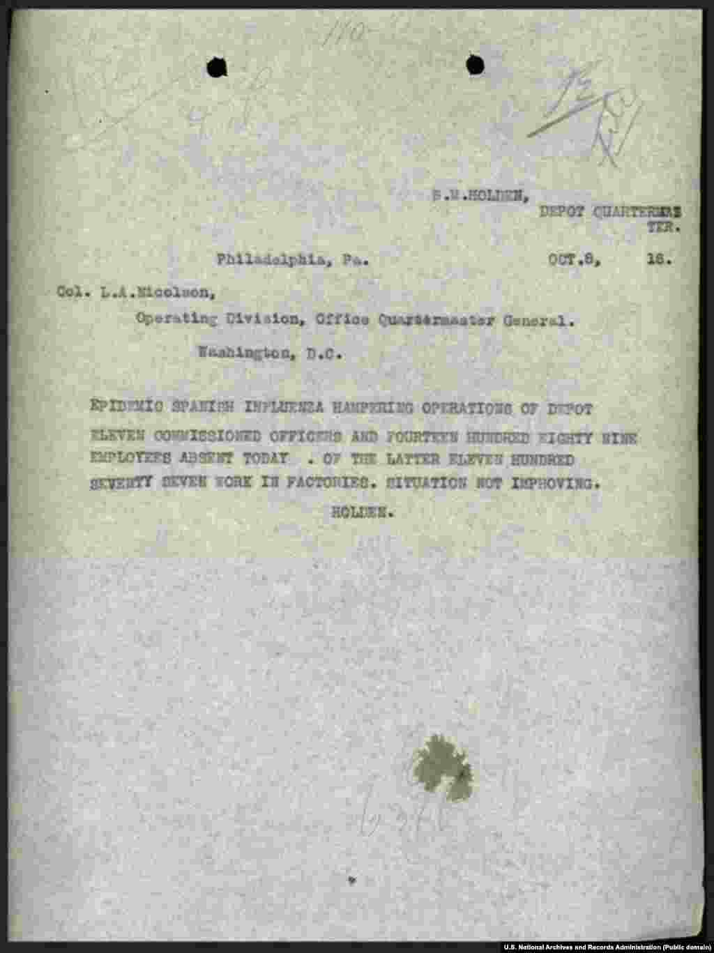Рапорт о кризисе с персоналом в военном депо в Филадельфии 8 октября 1918 года. В рапорте в канцелярию Генерального Квартирмейстера США в Вашингтоне сообщается, что 11 офицеров и 1489 сотрудников "отсутствуют на работе" и ситуация не улучшается. 