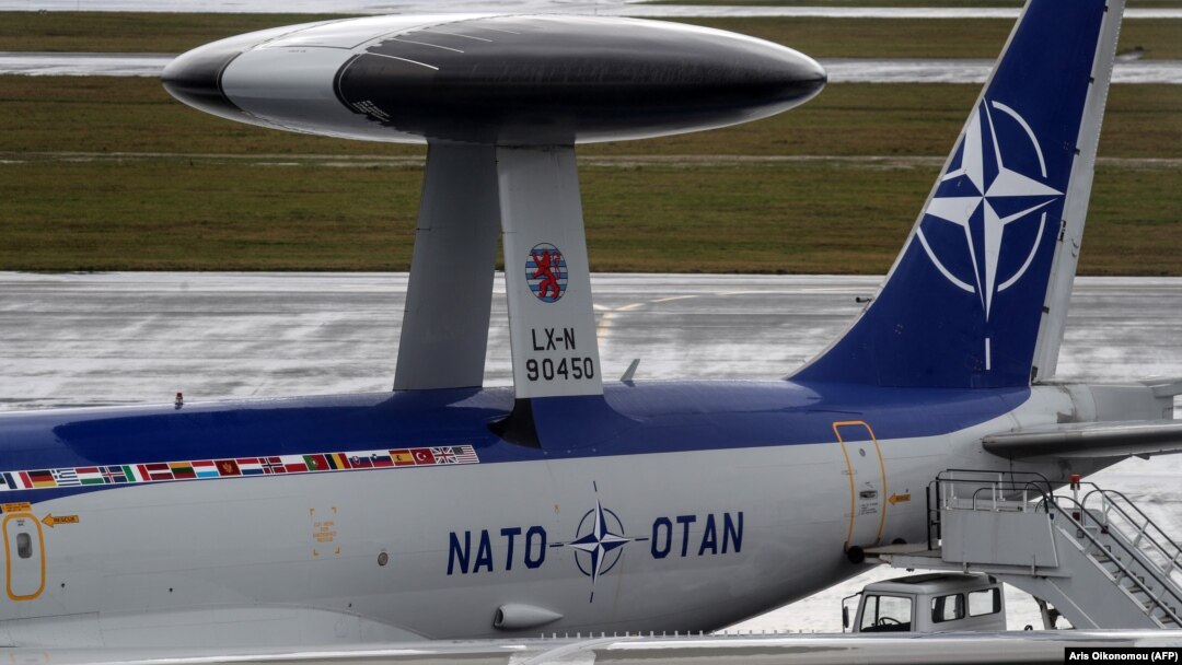 A NATO Airborne Warning And Control System (AWACS) aircraft stands on the tarmac at an airport close to Brussels on November 27, 2019.