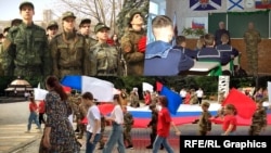 Kolaž slika koji prikazuje militarizaciju ukrajinske djece na teritorijima pod ruskom okupacijom u Ukrajini.