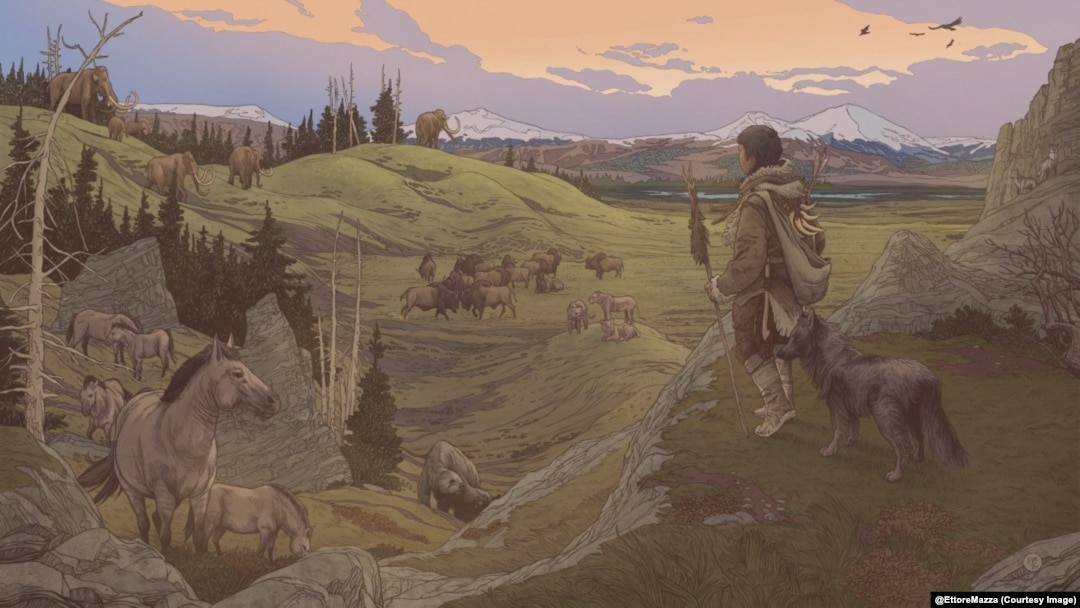 An illustration by Ettore Mazza for David Ian Howe's Ethnocynology website (https://www.davidianhowe.com/ethnocynology) depicting Howe's dog, Strider, with a human as the last ice age waned.