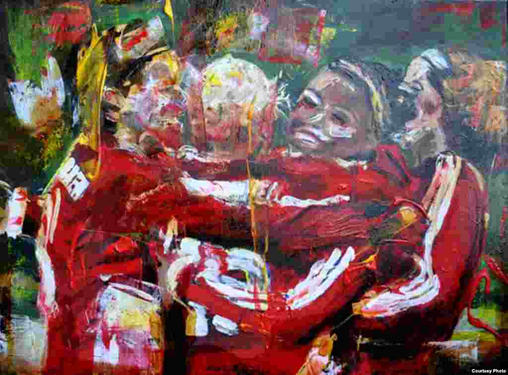 German artist Astrid Stoefhas was also willing to let her "Soccer" be set ablaze for what she called "a good cause."