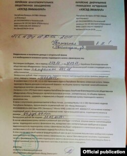 Сканаваны ліст з патрабаваньнем падатку, які надрукавала выданьне "Габрэйскі сьвет".