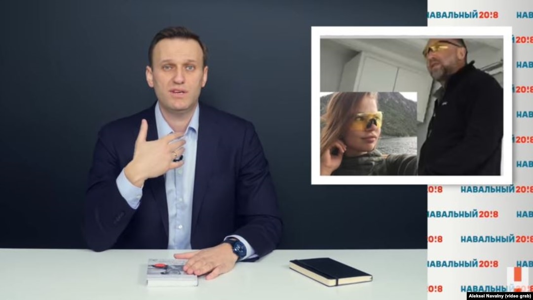 A video grab from the Navalny video about billionaire Oleg Deripaska and Deputy Prime Minister Sergei Prikhodko
