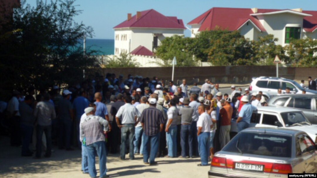 Some of the striking Kazakh oil workers who were dismissed gathered for a protest in Aktau on September 1.