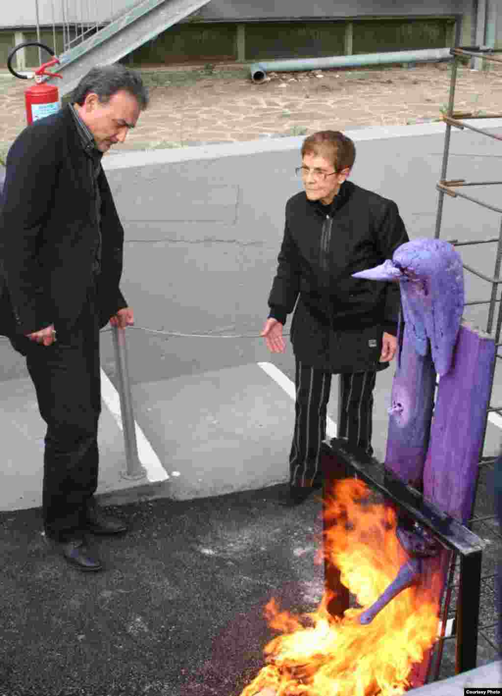 Italian artist Rosaria Matarese was there in person to see her "Androgino" torched on April 18.