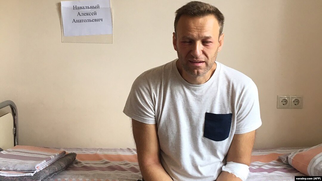 A handout image made available on the official website of Aleksei Navalny shows the opposition leader sitting on a hospital bed in Moscow on July 29.