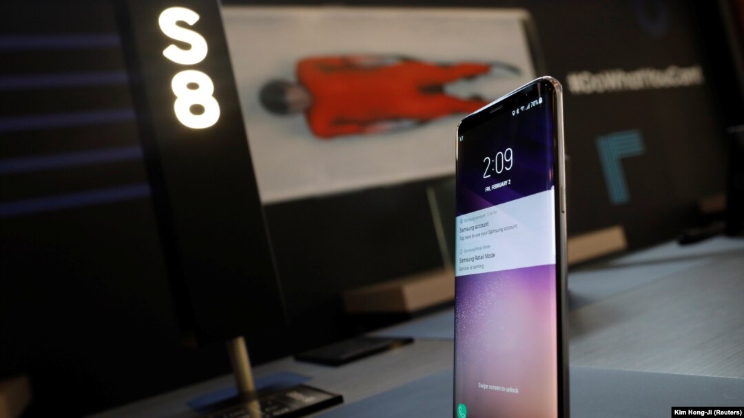 A Samsung Galaxy S8 smartphone is seen on display at a promotional booth in Pyeongchang.